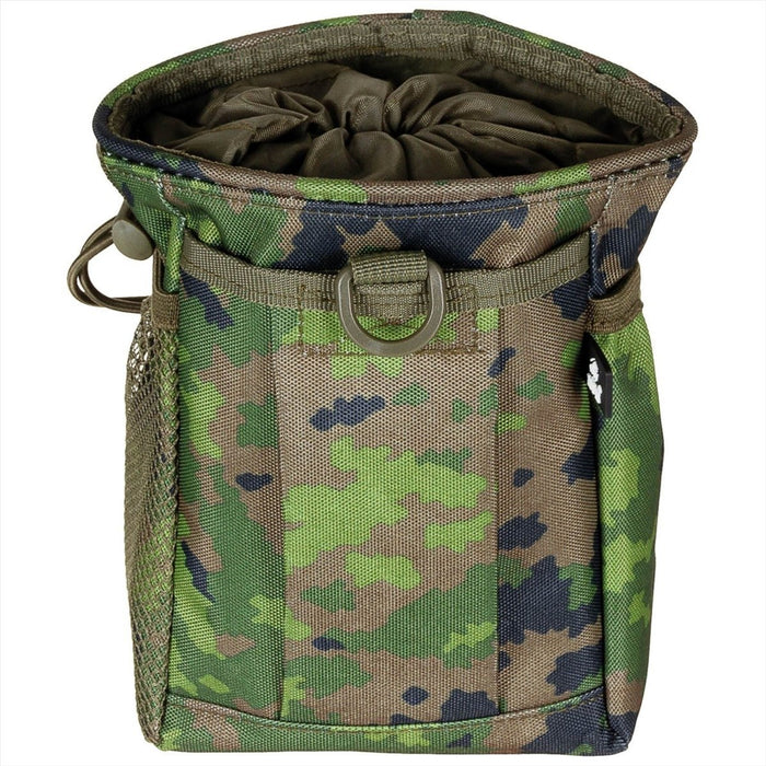 MFH dump pouch in Finnish M05 camo with wide drawstring opening, MOLLE mount, and mesh side pocket for tactical gear