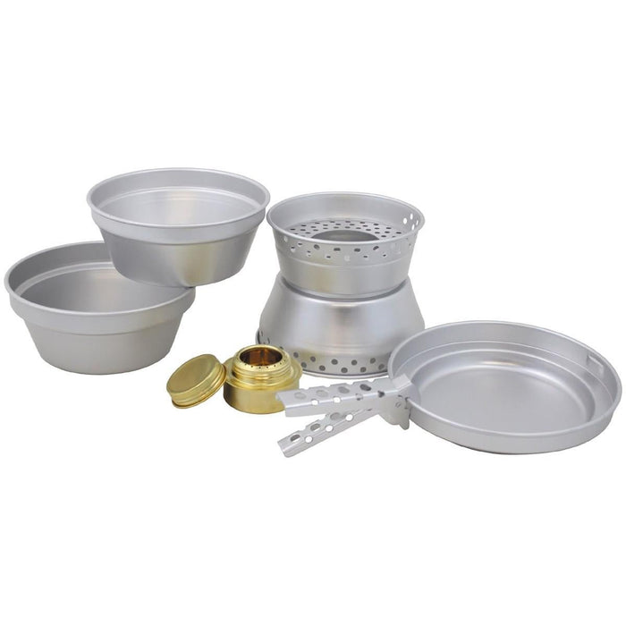 Set di pentole da campeggio leggero MFH PREMIUM in alluminio con pentole, padella, bruciatore ad alcool in ottone e manico pieghevole per uso esterno.