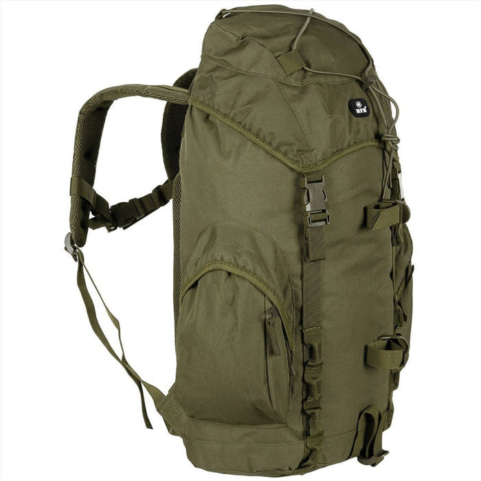 MFH Recon III tactical backpack 35L olive green with padded back, adjustable straps, and multiple compartments for outdoor use