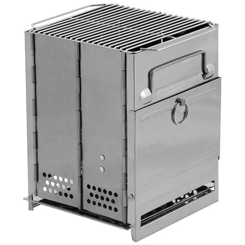 Compact foldable stainless steel rocket stove with BBQ grate for efficient outdoor camping grilling