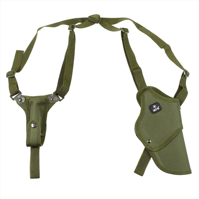 MFH right-handed adjustable green nylon shoulder holster with double safety catch for tactical or everyday carry