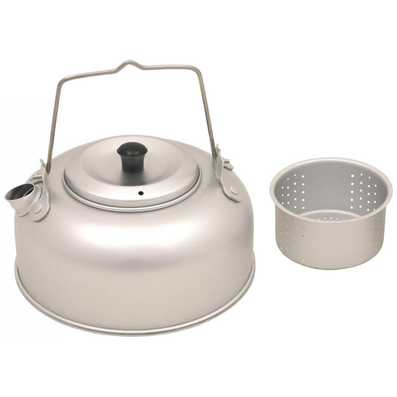 Lightweight aluminum camping teakettle with lid and built-in tea strainer, 1-liter capacity for outdoor use.