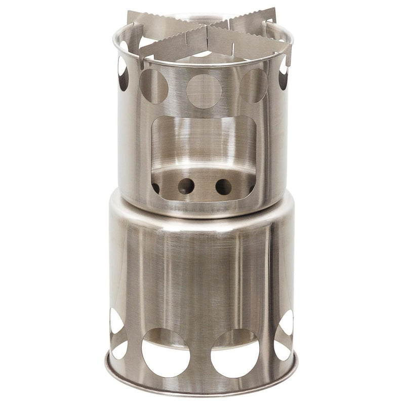 Compact stainless steel camping stove with ventilation holes for efficient outdoor cooking and heat distribution