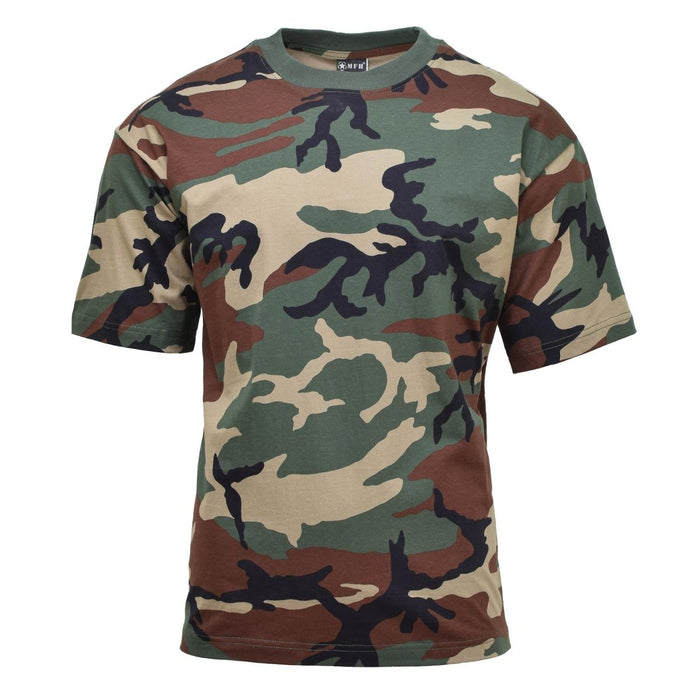 T-shirt à manches courtes de style militaire américain avec motif camouflage boisé, tissu respirant, durable et léger.