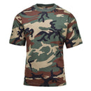 U.S. Military style short sleeve T-shirt in woodland camouflage pattern, breathable, durable, and lightweight fabric.
