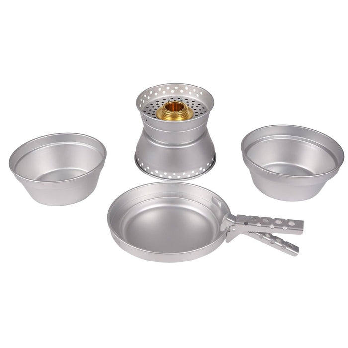 Set di pentole da campeggio in alluminio MIL-TEC con due pentole, padella e bruciatore compatto in ottone per escursioni e cucina all'aperto.