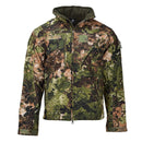 Camouflage MIL-TEC army softshell tactical jacket with fleece lining, waterproof hood, and multiple pockets for outdoor use