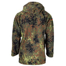 Back view of Mil-Tec German army field jacket in GoreTex Flecktarn camo, waterproof with hood and detailed sleeve patch.