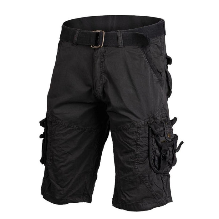 Schwarze Cargo-Shorts im Military-Stil von Mil-Tec Germany mit verstellbarer Taille und mehreren sicheren Taschen, vorgewaschener Vintage-Look.