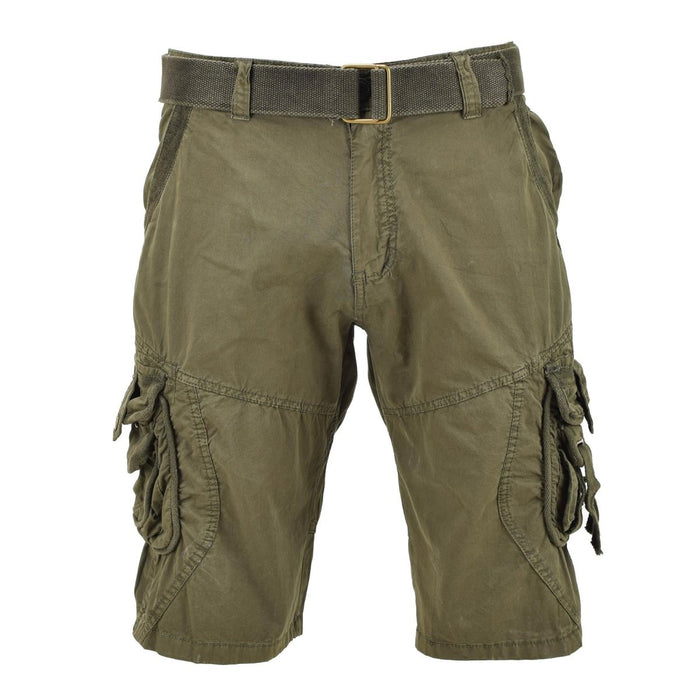 Vorgewaschene olivfarbene Kampfshorts im Vintage-Stil von Mil-Tec mit Gürtel und sicheren Cargotaschen für den rauen Outdoor-Einsatz.