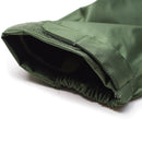 Close-up of olive green Mil-Tec waterproof men's jacket sleeve with adjustable Velcro cuff and elastic wrist band.