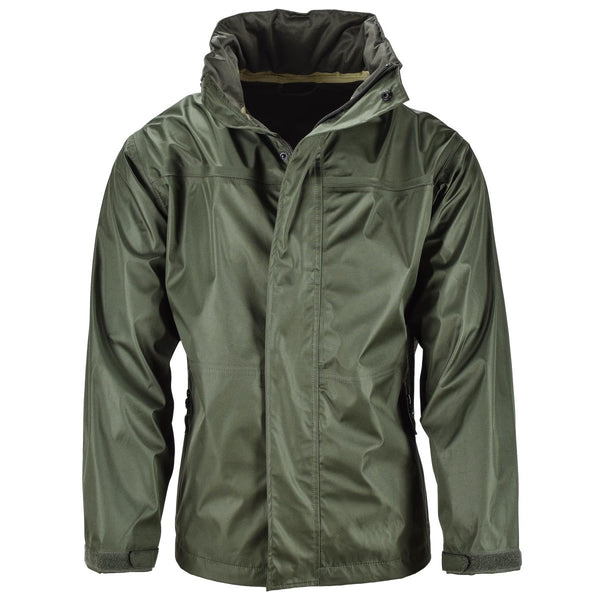Olive green Mil-Tec men's waterproof jacket with zip and button storm flap, adjustable hood, and Velcro cuffs.