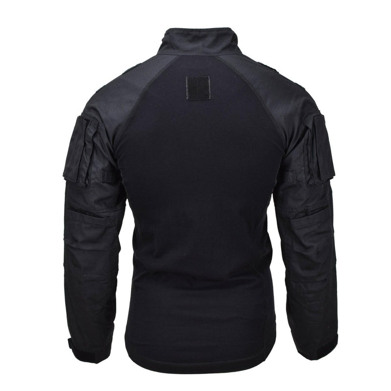 Back view of Mil-Tec black tactical combat shirt with padded elbow pockets and attachment loops