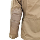 Close-up of the elbow and sleeve area on a Mil-Tec dark coyote brown military ripstop combat jacket.