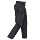 Black Mil-Tec U.S. Army style cargo trousers with ripstop fabric, reinforced knees, and adjustable waist and cuffs.