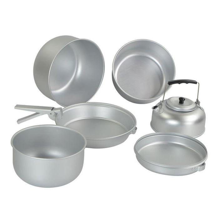 MIL-TEC leichtes Camping-Kochgeschirrset aus Aluminium mit Töpfen, Pfanne und Wasserkocher zum Kochen im Freien und zum Kochen von Wasser.
