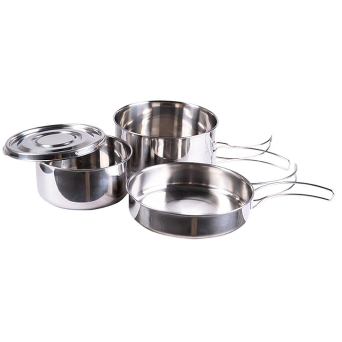 Set di pentole MIL-TEC in acciaio inossidabile da 4 pezzi con pentola, padella e piatto per cucinare in campeggio e all'aperto.