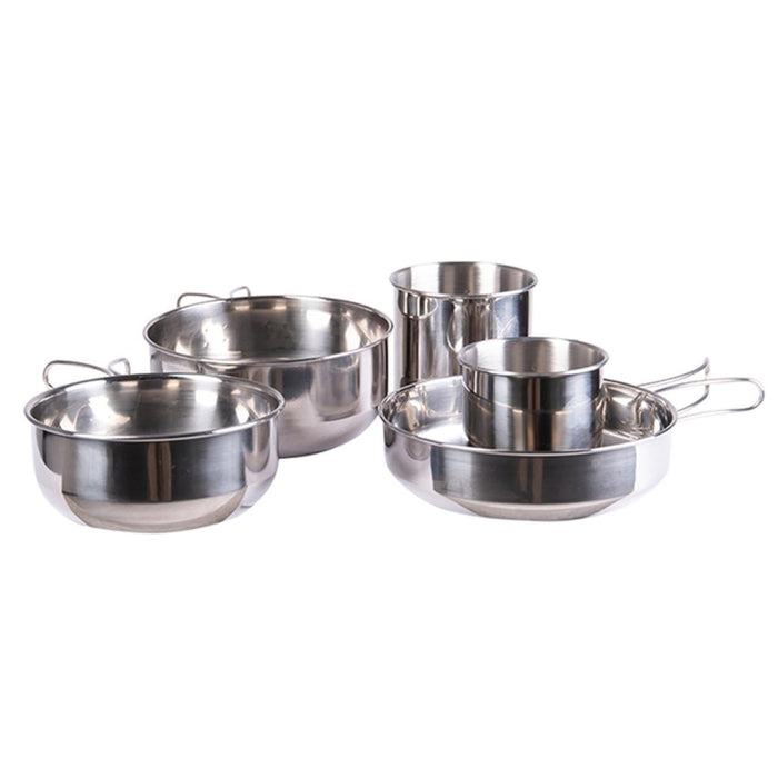 Set di pentole da campeggio da 5 pezzi MIL-TEC in acciaio inossidabile con pentole e tazze per cucinare all'aperto e trasportare.