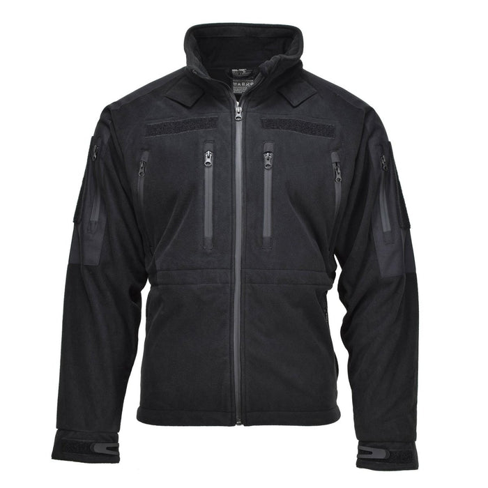 Schwarze MIL-TEC-Fleecejacke für kaltes Wetter mit durchgehendem Reißverschluss, mehreren Taschen und wasserabweisendem Thermostoff.