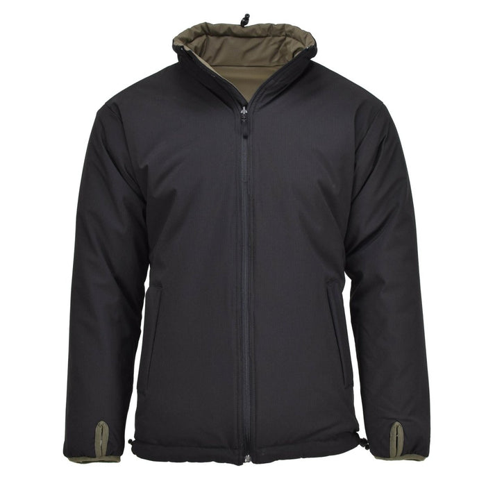 Black side of reversible MIL-TEC German military cold weather jacket with windproof insulation and adjustable features.