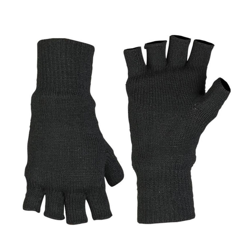 Black fingerless gloves with Thinsulate lining, designed for warmth and dexterity in cold weather.