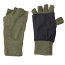 Olive green fingerless gloves with black palm patch, Thinsulate lined for warmth and mobility in cold weather.