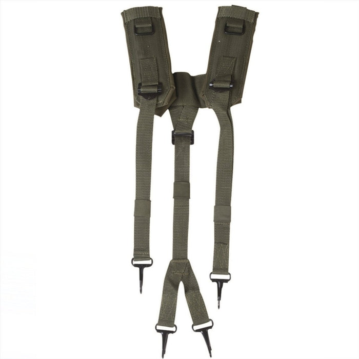 Olive green MIL-TEC LC2 Y-strap military load bearing suspenders with adjustable nylon straps and metal clips