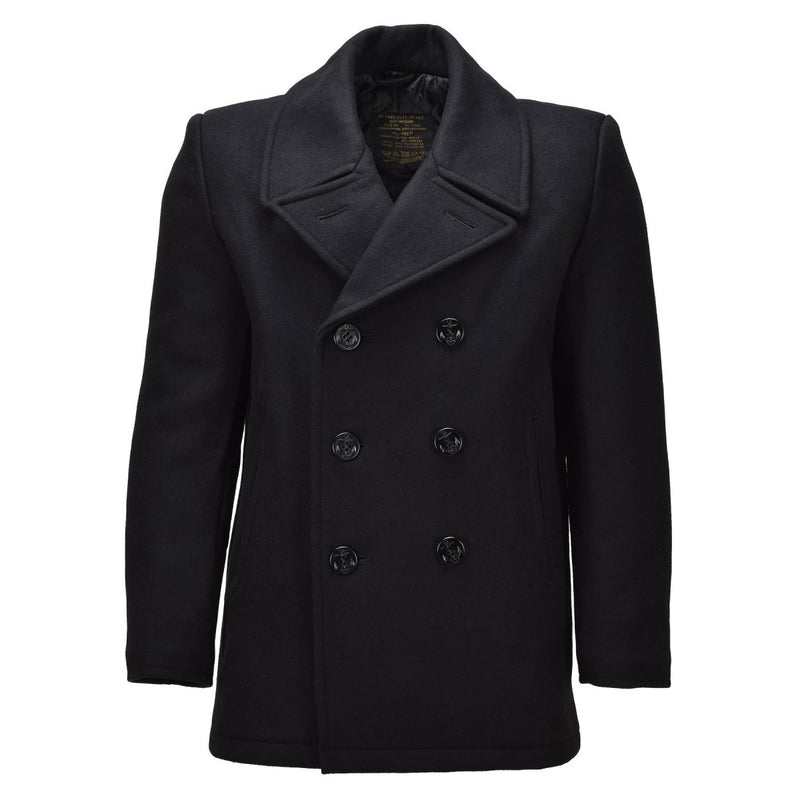 MIL - TEC Mens Pea Coat Wool Blend Navy Style Double Breasted Jacket Black - GoMilitar