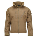 Dark coyote MIL-TEC military style SCU14 soft shell tactical jacket with hood and zippered pockets.