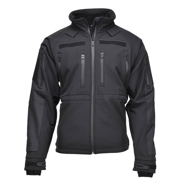 Black MIL-TEC softshell jacket with zippered pockets, windproof, water-resistant, and breathable activewear for outdoor use.