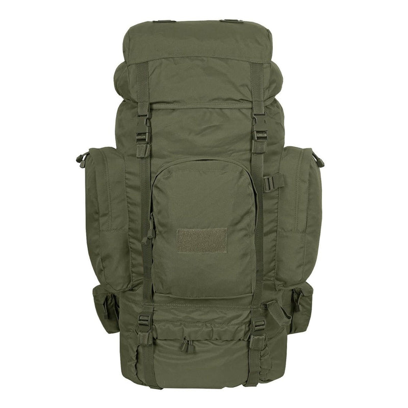 Large olive green MIL-TEC RECOM hiking rucksack with multiple compartments and padded straps for trekking and outdoor use.