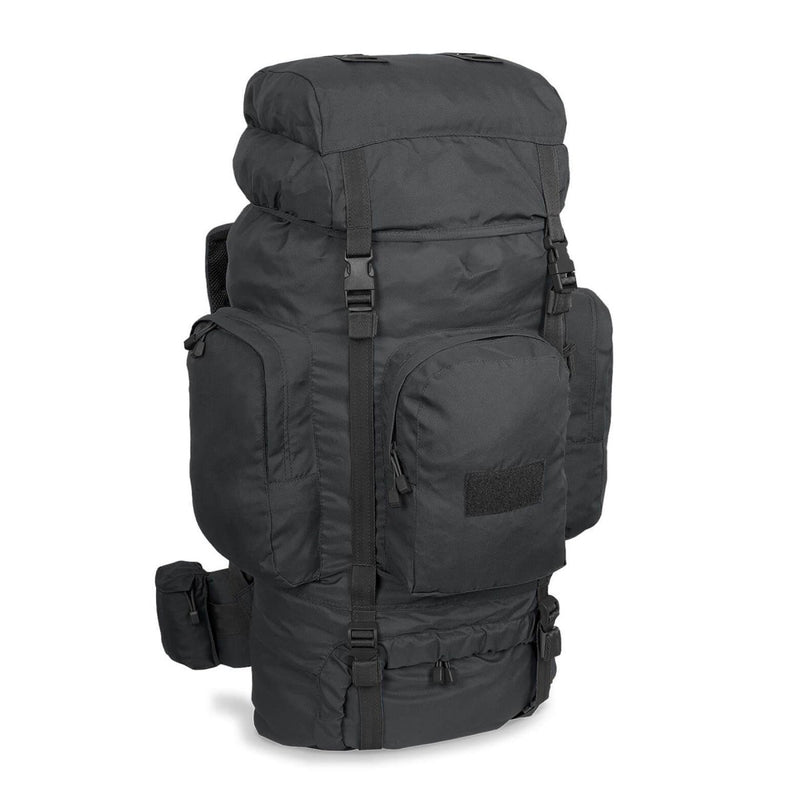 Black MIL-TEC RECOM tactical backpack with multiple compartments, padded straps, ideal for hiking, trekking, and outdoor use.