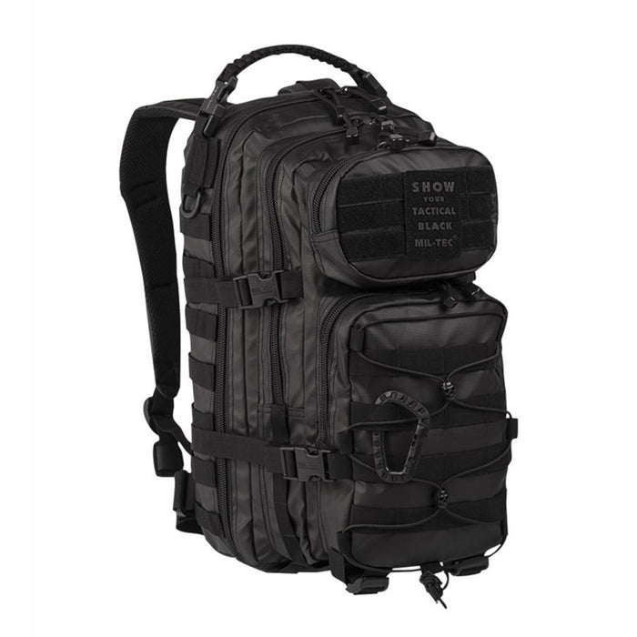 Zaino tattico MIL-TEC U.S. Assault nero da 20 litri con scomparti multipli e spallacci imbottiti regolabili per l'escursionismo e il campeggio.