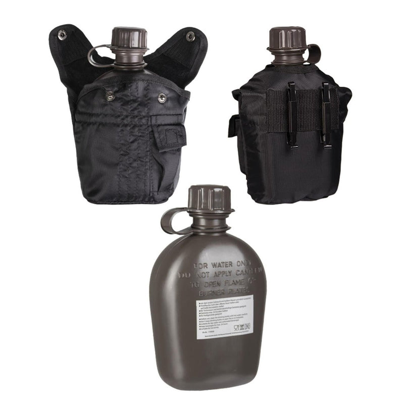 MIL - TEC US Style Plastic Canteen 1L Cover Included Tactical Outdoor Black - GoMilitar