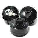 Three black 40mm CF F3 cartridge canister gasmask filters with threaded openings for respiratory protection.