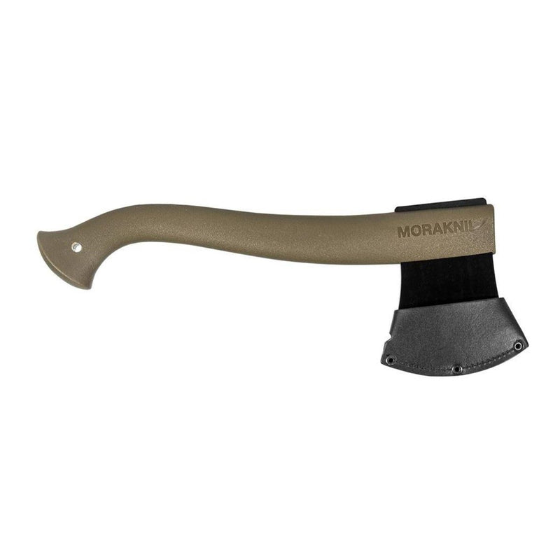 MORAKNIV Lightweight bushcraft axe with boron steel blade and leather sheath for outdoor use and camping tasks.