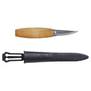 Morakniv Woodcarving 120 knife with natural wooden handle and carbon steel blade with protective black sheath.