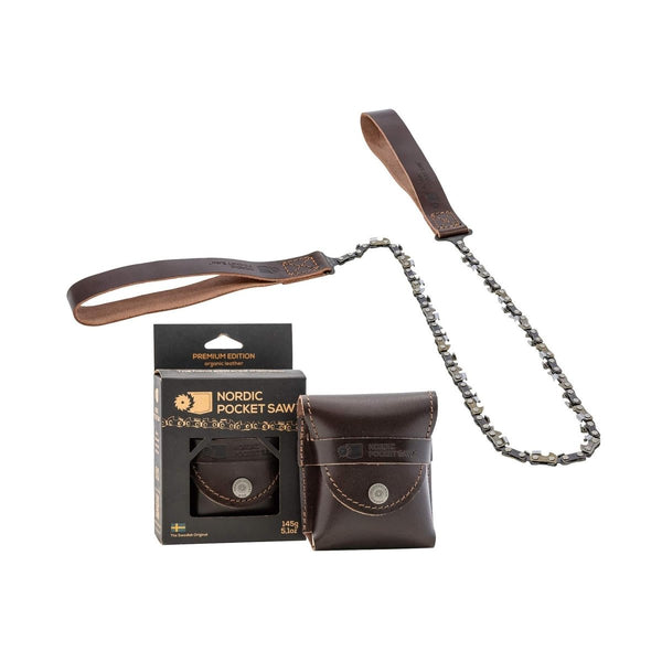 Nordic Pocket Saw with handmade Swedish leather handles and case, portable carbon steel chainsaw for outdoor use.