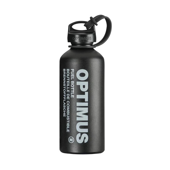 Schwarze Optimus-Flüssigkraftstoffflasche mit Sicherheitsverschluss, langlebiges, leichtes Design für den Einsatz im Freien und sichere Kraftstoffaufbewahrung.