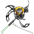 Optimus Polaris foldable multi fuel camping stove with serrated pot supports and fuel line attachment for outdoor use.