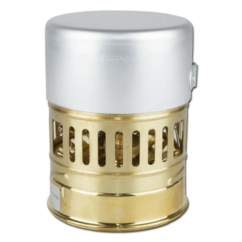 Compact brass Optimus Svea liquid fuel camp stove with silver pot lid for outdoor cooking and camping use