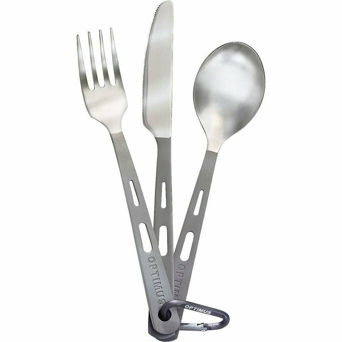 Lichtgewicht titanium vork-, mes- en lepelset met matte handgrepen en karabijnhaak voor gebruik op de camping en tijdens het backpacken.