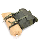 Original Austrian Army olive green combat day pack with attached tan rolled sleeping mat, military issue vintage haversack bag
