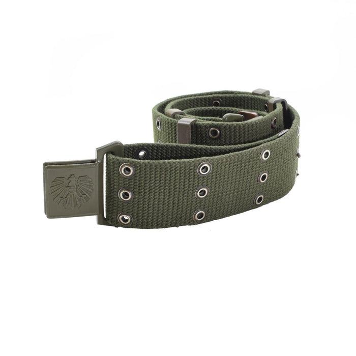 Cinturón de combate militar austriaco original en lona verde oliva con cinta Alice y hebilla de metal.