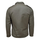 Back view of vintage Austrian M59 olive military field jacket with long sleeves and shoulder epaulettes