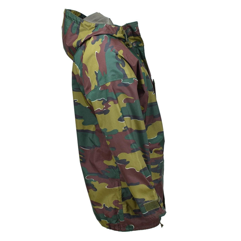 Side view of original Belgian military waterproof jacket with jigsaw camouflage and hood made from seyntex material