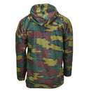 Back view of original Belgian military waterproof jacket with jigsaw camouflage and hood made from seyntex material