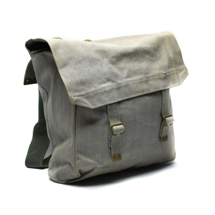 Original British Army M37 grey canvas haversack with buckle closures and spacious military surplus design.