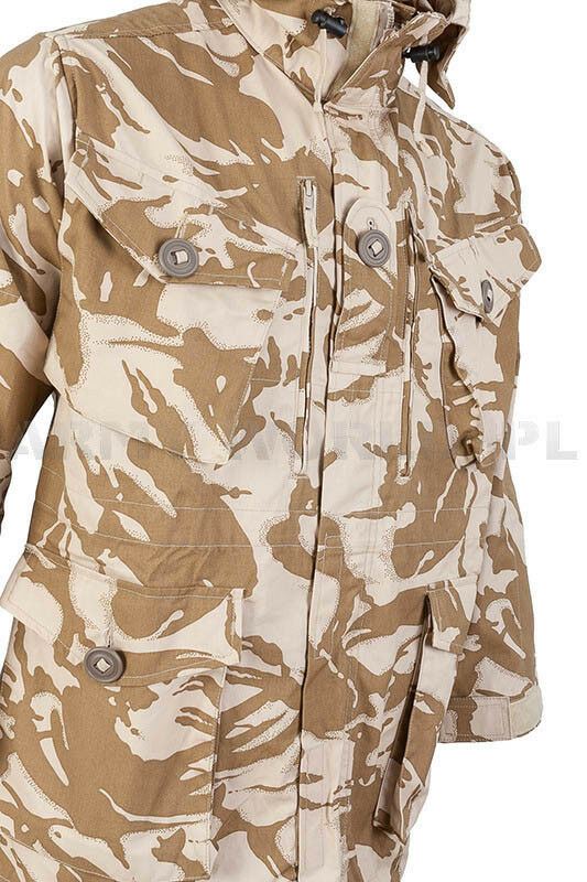 Close-up of original British army desert camo jacket with multiple buttoned pockets and hooded windproof design