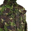 Close-up of British army DPM camouflage military field parka with chest pockets, zipper, buttons, and adjustable hood